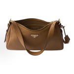 PRADA Aimee enamel metal triangular logo zipper opening and closing hand-held shoulder bag, medium-sized women\'s caramel brown